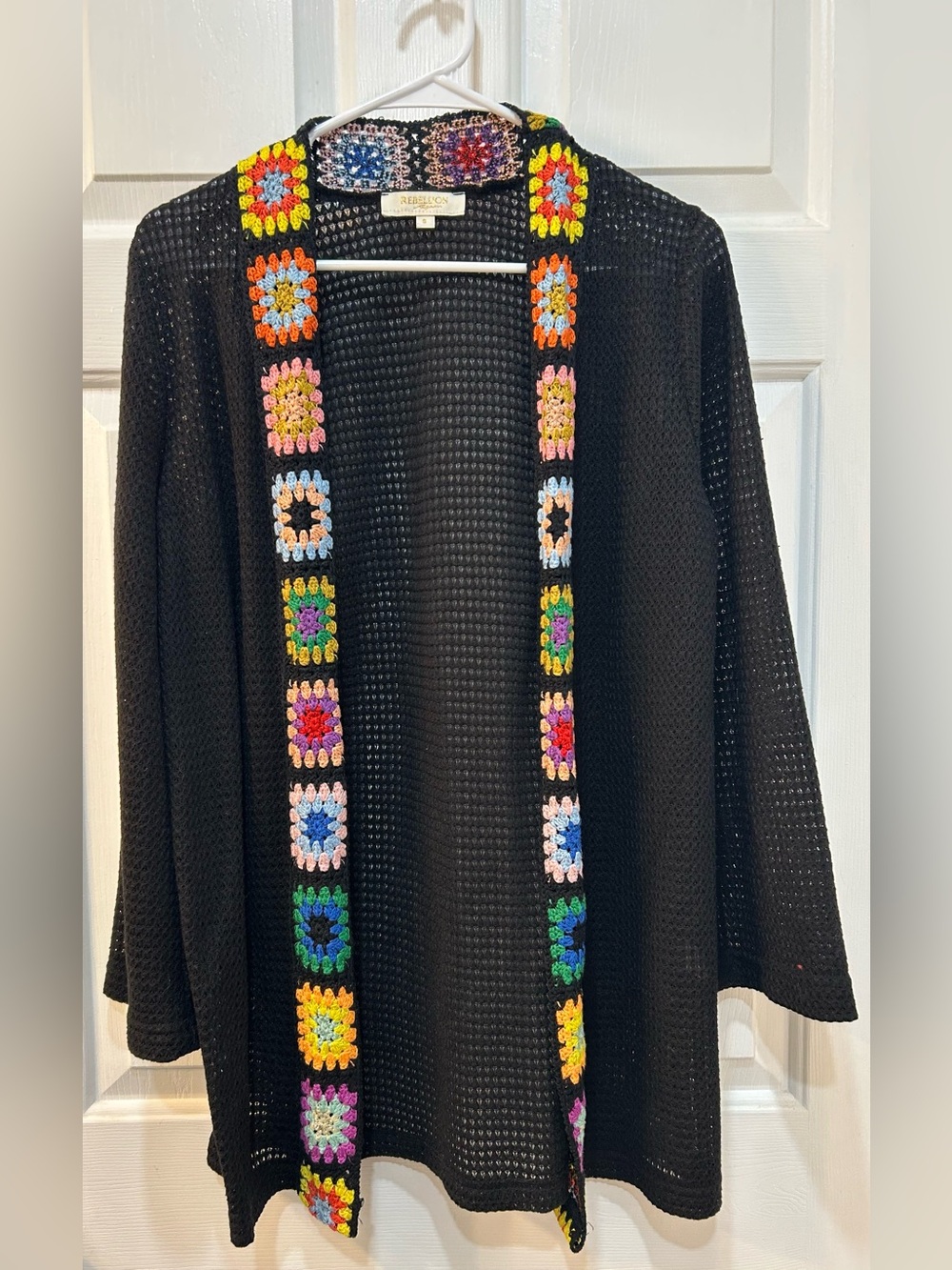 Rebellion‎ Again Rainbow Crochet Trim Black Cardigan Sweater Sz S Granny Square